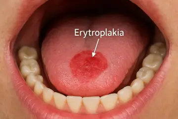 Czerwona plama na języku, oznaczona jako erytroplakia, może być wczesnym objawem raka języka.