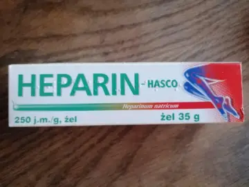 Opakowanie żelu Heparin-Hasco 35 g, z grafiką przedstawiającą nogę.
