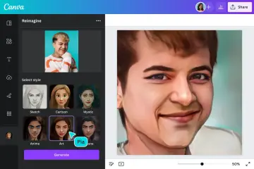 Przerabianie zdjęć AI za darmo w Canvie. Wybierz styl "Art" dla portretu.