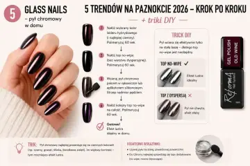 Dłoń z idealnymi paznokciami hybrydowymi w kolorze ciemnego burgundu z efektem lustra. Instrukcja krok po kroku, jak uzyskać ten efekt w domu.