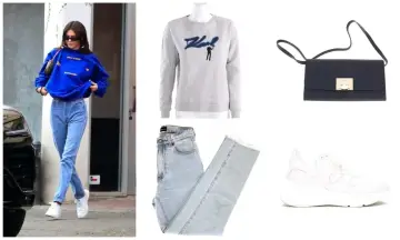 Kendall Jenner w stylizacji na it girl: niebieska bluza, jeansy, białe sneakersy i torebka. Obok szara bluza z nadrukiem, jeansy i sneakersy.