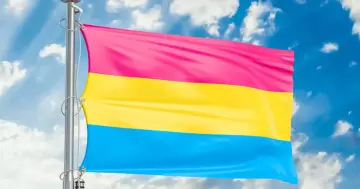 Flaga panseksualna powiewa na tle błękitnego nieba z chmurami. Symbolizuje miłość do wszystkich płci, bo co to pansexual.