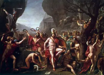 Leonidas, król Sparty, który zginął pod Termopilami, otoczony przez swoich wojowników i kobiety niosące wieńce.