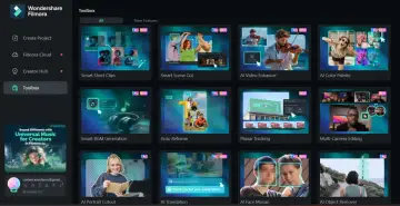 Wondershare Filmora Toolbox oferuje narzędzia AI: Smart Short Clips, Smart Scene Cut, AI Video Enhancer, AI Color Palette, Smart BGM Generation, Auto Reframe, Planar Tracking, Multi-Camera Editing, AI Portrait Cutout, AI Translation, AI Face Mosaic, AI...