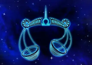 Neonowa waga, symbol 11 października znak zodiaku, unosi się na tle gwieździstego nieba.