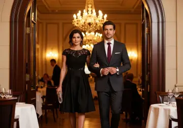 Elegancka para w hotelowej restauracji. Ona w czarnej sukience, on w garniturze. Idealny przykład, jak się ubrać na kolację w hotelu na wakacjach.