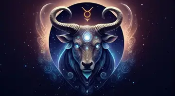 Mistyczny byk żywioł z niebieskimi oczami i lśniącym rogiem, otoczony kosmicznymi wirami i gwiazdami. Symbol zodiaku Byk.