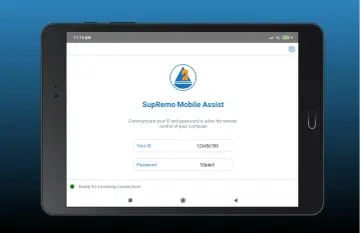 Ekran tabletu z aplikacją SupRemo Mobile Assist. Widoczne pola ID i hasła, gotowe do połączenia.