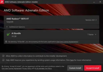 Instalator AMD Software: Adrenalin Edition dla karty AMD Radeon™ 9070 XT, z opcją AI Bundle.