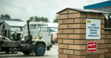 Tablica informuje, co to jest pszok – punkt selektywnego zbierania odpadów komunalnych. W tle widać ciężarówki.