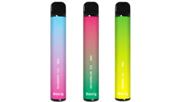 Tres vapers sin nicotina con degradados de color: azul/rosa (arándano), rosa/verde (sandía) y verde (plátano).