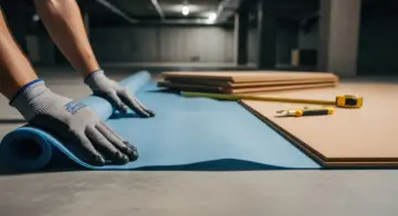 Ręce w rękawiczkach rozwijają niebieski podkład pod panele laminowane. Obok leżą panele, miarka i nożyk.