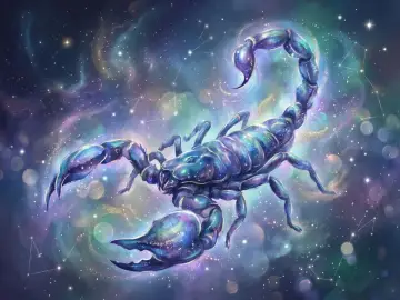 Błękitny, gwiezdny skorpion unosi się w kosmicznej mgławicy. Jego pancerz iskrzy jak galaktyka, a ogon wygięty jest w łuk. To skorpion, symbol siły i tajemnicy.