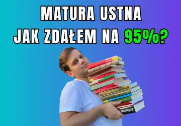 Chłopak z ciężkim stosem książek, zastanawia się, jak zdał matura ustna na 95%.