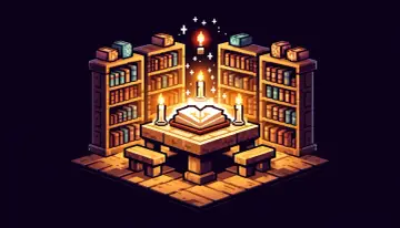 Magiczna biblioteka w stylu pixel art. Jak zrobic ksiazke w mc? Potrzebujesz stołu, świec i księgi wiedzy.
