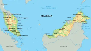Mapa polityczna Malezji, pokazująca jej położenie między Tajlandią a Indonezją, otoczoną Morzem Południowochińskim i Morzem Celebes.