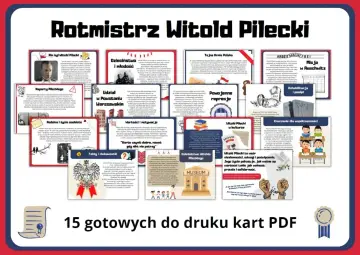 Plakat o rotmistrzu Witoldzie Pileckim: jego życie, działalność w Tajnej Armii Polskiej, Auschwitz, Powstaniu Warszawskim i dziedzictwo.