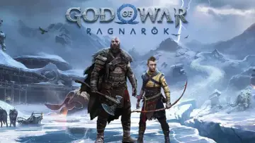 Kratos y Atreus se preparan para la aventura en los yermos de God of War Ragnarök, un paisaje helado con un dragón serpenteante.