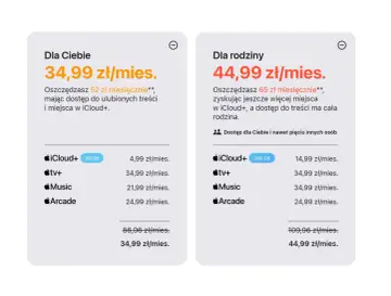 Porównanie ofert iCloud+: dla Ciebie (34,99 zł/mies.) i dla rodziny (44,99 zł/mies.). Sprawdź, co to iCloud+ i jakie korzyści daje.