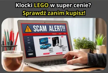 Jak rozpoznać podróbki klocków LEGO na aukcjach internetowych? Laptop z ostrzeżeniem "SCAM ALERT!!" i ofertami zestawów.