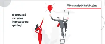 Wprowadź innowacyjną spółkę na rynek! #ProstaSpółkaAkcyjna. Mężczyzna wspina się po drabinie do żarówki, kobieta wskazuje drogę.