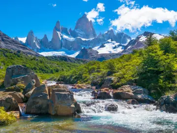 Góry Fitz Roy w Argentynie, rzeka i zielone zbocza. Ceny w Argentynie mogą być zaskakujące, ale widoki są bezcenne.