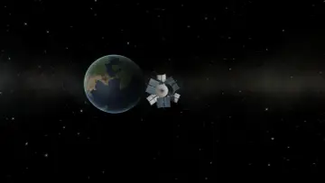 Satelita geostacjonarny z panelami słonecznymi krąży wokół Ziemi na tle gwiezdnego nieba.