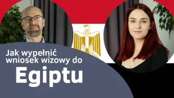 Mężczyzna i kobieta na tle flagi Egiptu, z tekstem "Jak wypełnić wniosek wizowy do Egiptu".