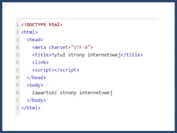 Kod źródłowy strony internetowej w języku **html**. Widoczny fragment zawiera podstawowe znaczniki: `<!DOCTYPE html>`, `<html>`, `<head>` z metadanymi i `<title>`, oraz `<body>` z przykładową zawartością.