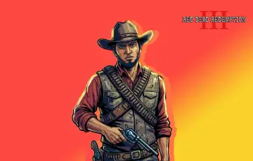 Bohater z rdr3 w kapeluszu i kamizelce z amunicją, trzymający rewolwer. Tło w odcieniach czerwieni i żółci.