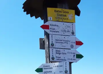 Słup z drogowskazami na szlaku. Na górze tabliczka "Babia Góra Diablak 1725 m n.p.m.". Wskazuje kierunki do Sokolicy, Markowych Szczawin, Małej Babiej Góry i Polany Stańcowej.