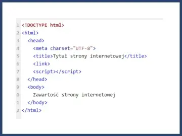 Fragment kodu HTML z podstawową strukturą strony: doctype, html, head (z meta, title, link, script) i body. To prosty komentarz do kodu.