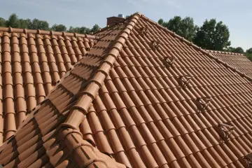 Nowy, czerwony gąsior dachowy lśni w słońcu, tworząc malowniczy krajobraz.