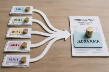 Pięć rat łączy się w jedną, symbolizując konsolidację chwilówek i uproszczenie finansów.