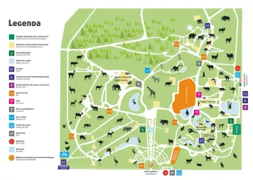 Mapa ZOO w Chorzowie z zaznaczonymi atrakcjami dla dzieci: plac zabaw, mini zoo, akwarium, wybiegi zwierząt.