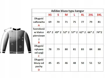 Tabela rozmiarów bluzy Adidas kangur. Rozmiar 56 męski odpowiada XL, gdzie szerokość w klatce to 62*2, a długość rękawa od szyi 83.