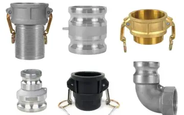 Różne typy złączek camlock: aluminiowe, mosiężne i czarne, w tym kolanko.