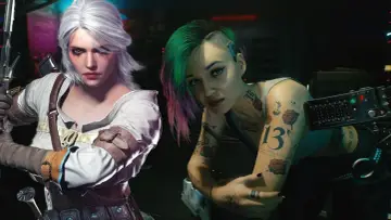 Ciri w stylu cyberpunk, obok niej postać z kolorowymi włosami i tatuażami.