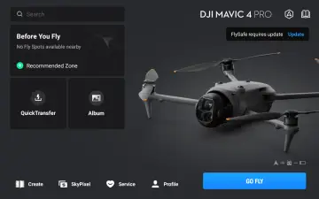 DJI Mavic 4 Pro interface shows "Before You Fly" and "FlySafe requires update." A drone is featured.