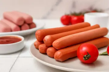 Na talerzu ułożone są apetyczne serdelki, obok pomidorki i sos.