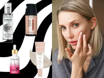 Kobieta aplikuje na twarz najlepszą bazę pod makijaż. Obok produkty Bielenda, Bourjois, Eveline i Wings.