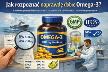 Buteleczka Omega-3, rybak, naukowiec w laboratorium, certyfikaty GMP, IFOS, MSC.