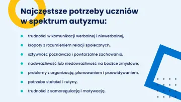 Najczęstsze potrzeby uczniów z zespołem Aspergera: trudności w komunikacji, rozumieniu relacji społecznych, sztywność poznawcza, nadwrażliwość zmysłowa, problemy z organizacją, potrzeba rutyny, trudności z samoregulacją.