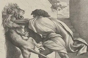 Samson z biblii, w akcie heroicznej walki, gołymi rękami rozrywa lwa.