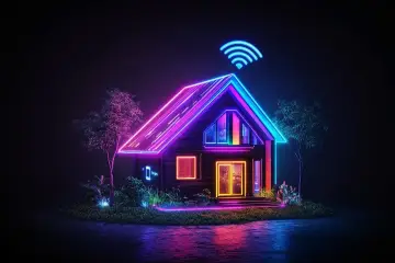 Casa futuristica illuminata da neon, con segnale Wi-Fi luminoso. La fibra FTTC porta la connessione ultraveloce in questa dimora smart.