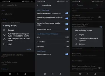 Ustawienia telefonu z włączonym ciemnym motywem Google. Wybór opcji: Zawsze, Automatycznie, Tylko w trybie oszczędzania baterii lub Nigdy.