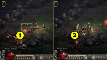 Dwie sceny z gry Diablo 2. W pierwszej (1) postać walczy z potworami, w drugiej (2) widać pole bitwy po walce. To jest krowi poziom diablo 2.