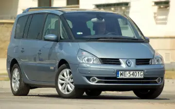 Niebieski Renault Espace 4 z przyciemnianymi szybami i relingami dachowymi, gotowy na rodzinną podróż.