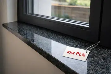 Parapet z granitu z metką cenową "XXX PLN" przy oknie.