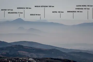Widok na pasmo górskie, z zaznaczonymi szczytami Karkonoszy, takimi jak Wielki Szyszak i Szrenica, w oddali.